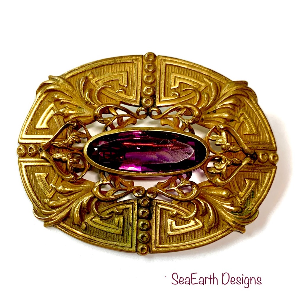 Antique Art Nouveau Gold Toned and Amethyst sash pin/brooch